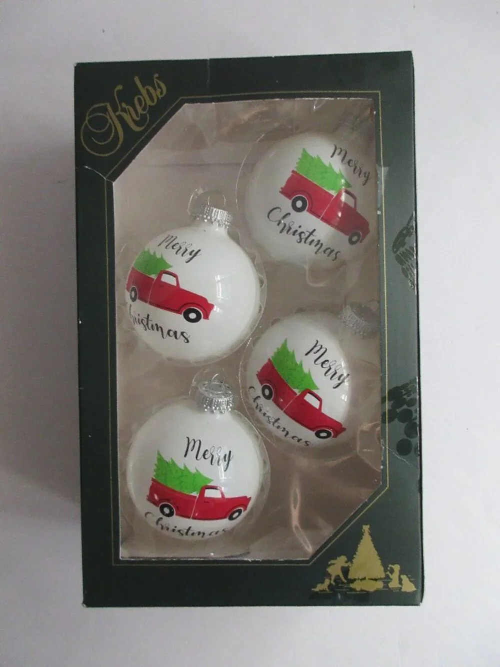Krebs Christmas Ornament Set of 4 Glass Balls Porcelain White-Red Vintage Truck